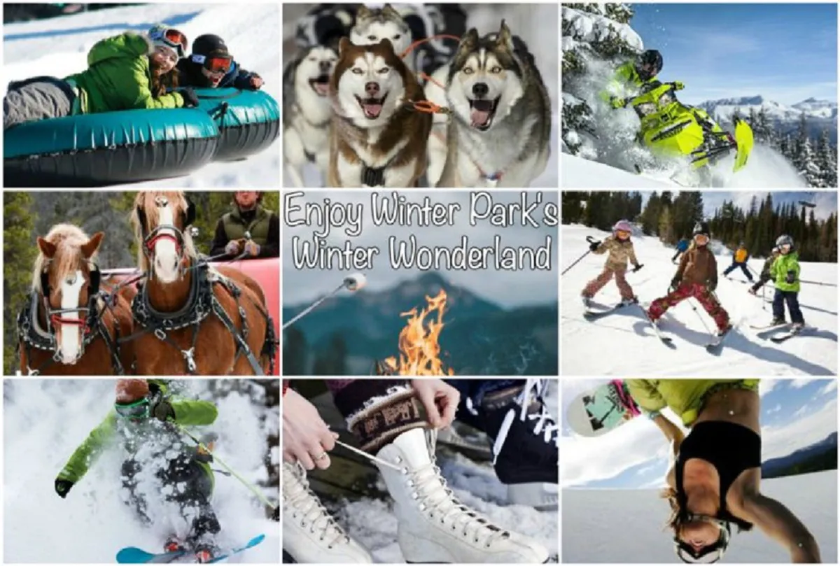 A vibrant winter scene featuring people tubing down snowy slopes, huskies pulling sleds, active snowmobiles, children skiing, and a cozy fire pit where guests warm up after outdoor adventures. The backdrop includes snow-laden trees and happy families enjoying a variety of winter sports.