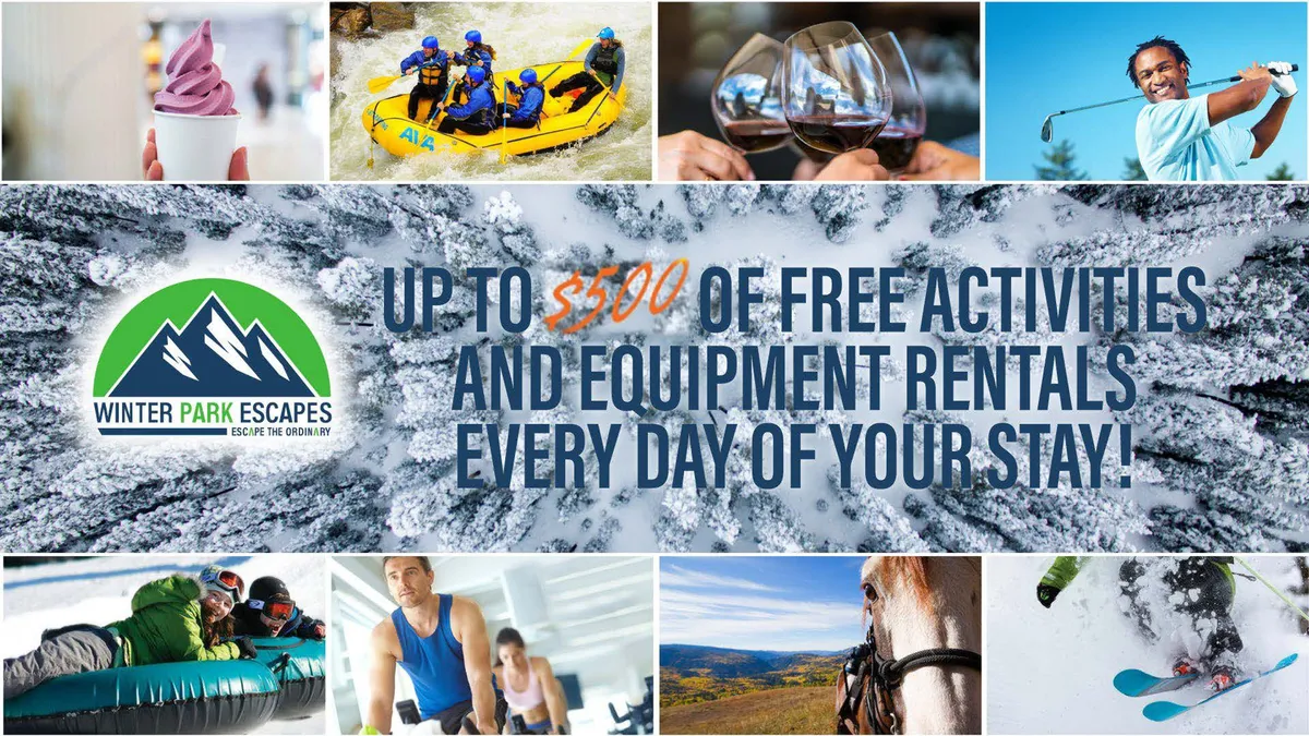 A vibrant exterior collage showing people actively participating in outdoor adventures such as skiing, white-water rafting, horseback riding, golfing, and ice skating. The image also features the Winter Park Escapes logo and varied outdoor scenes showcasing the range of activities available in the area.