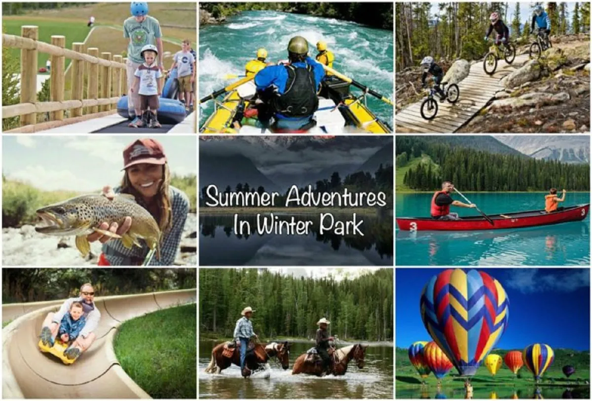 A lively montage of summer activities: children tubing on water, groups white-water rafting, biking through green landscapes, fishing by a pond, and horseback riding. Hot air balloons rise in the background, while bright colors and smiling faces evoke the energy of summer adventures.